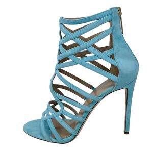 Tamara Mellon aqua/turquoise suede cage strap stiletto sandals size 37.5 US7-7.5
